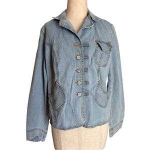 Y2K Vintage Retro Light Wash Denim Jacket Blazer Military Utility Slim 6 Pockets